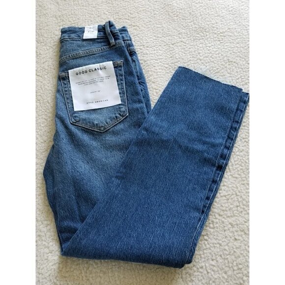 Good American Good Classic Skinnyish Fit Raw Hem Blue Hi-Rise Jeans Sz 2/26 - Picture 1 of 9